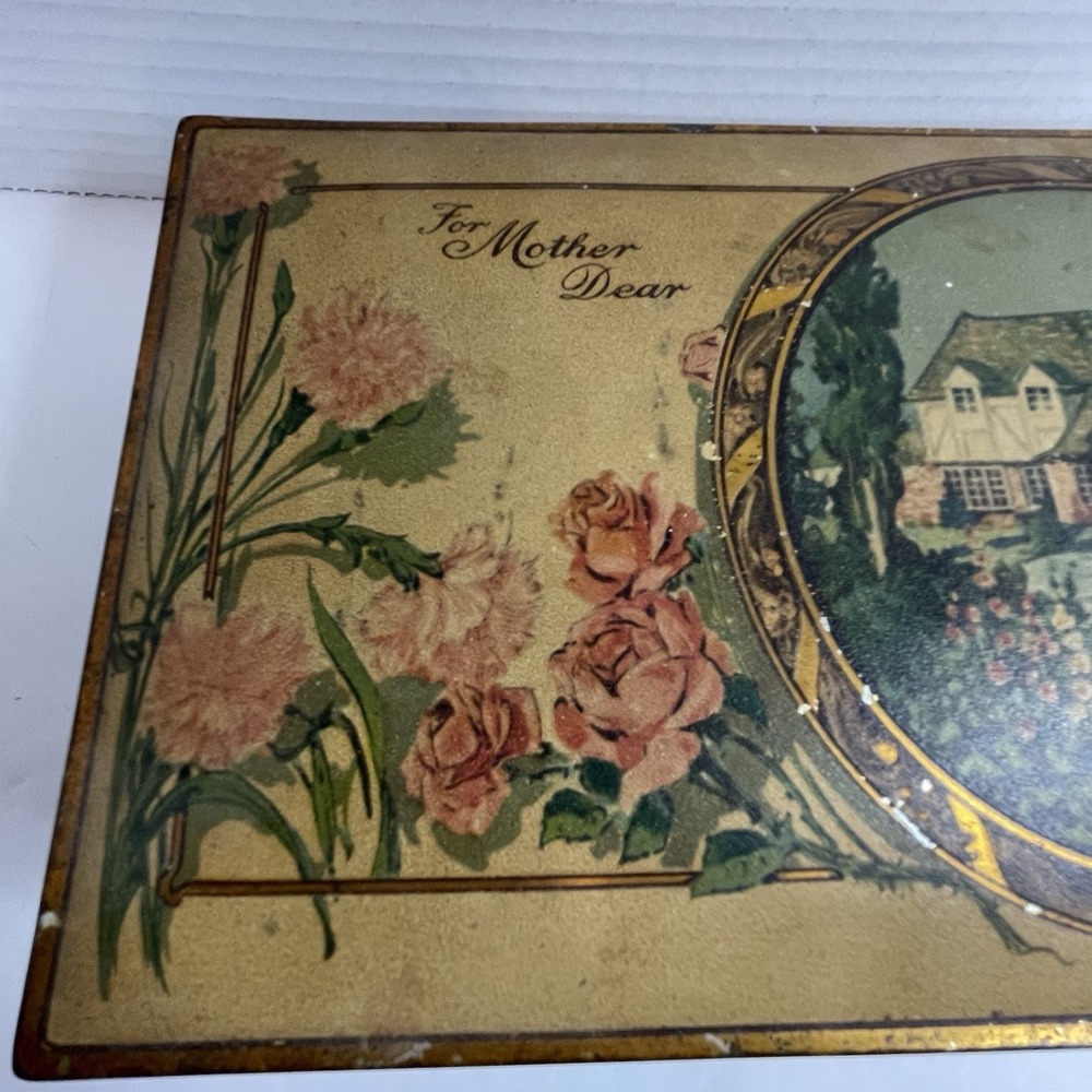 Art Nouveau Vassar Chocolates For Mother Dear Tin Canco VTG Cottage Roses Metal - Picture 4 of 13